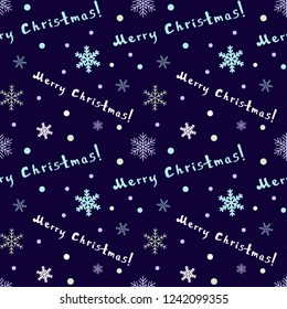 Merry Christmas! Seamless Christmas pattern with snowflakes and lettering, on a dark blue background.