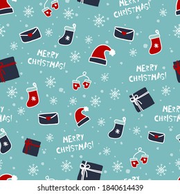 Merry Christmas seamless pattern with christmas socks, mittens and hats. Winter background