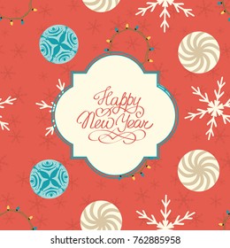 Merry Christmas seamless pattern with text in elegant frame garland ornate baubles and snowflake vector illustration