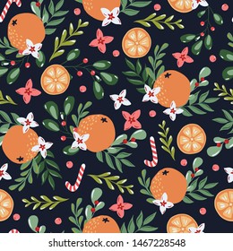 Merry Christmas seamless pattern in traditional colors with vector hand drawn illustration. Orange fruits,floral and fir branches on repeated background for wrapping paper,fabric, christmas decoration