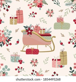 Merry Christmas seamless pattern in traditional colors with vector scandinavian style hand drawn christmas sleigh,presents, floral bouquets. Christmas background for wrapping paper, fabric, stationery