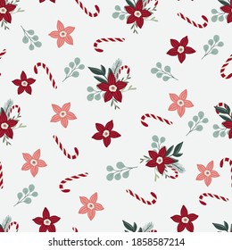 Merry Christmas seamless pattern in traditional colors with vector hand drawnfloral bouquets, floral branches, poinsettia flowers. Christmas repeated background for wrapping paper, fabric, textile