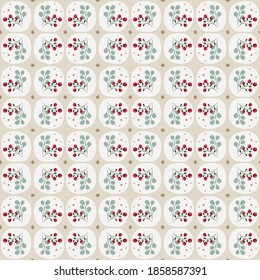 Merry Christmas seamless pattern in traditional colors with vector hand drawn floral tiles. Floral repeated background for wrapping paper, fabric, christmas decoration in farmhouse rustic style.