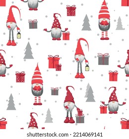 Merry Christmas seamless pattern in traditional colors with vector hand drawn christmas gnomes illustration.