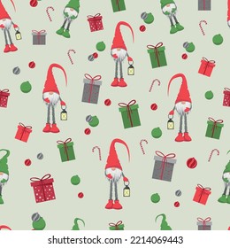 Merry Christmas seamless pattern in traditional colors with vector hand drawn christmas gnomes illustration.