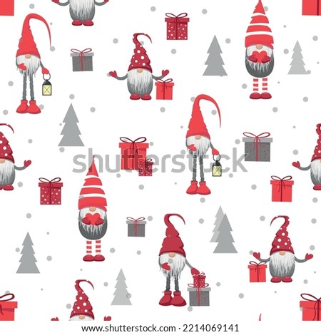 Merry Christmas seamless pattern in traditional colors with vector hand drawn christmas gnomes illustration.