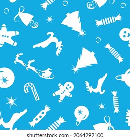 Merry Christmas. Seamless pattern with christmas tree, snowman, snowflake and other. Vector illustration.