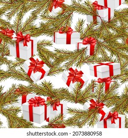 Merry Christmas seamless pattern with christmas tree branch, gift box on white. Seamless Merry Christmas and new year pattern. Great for posters, headers, seasonal wallpaper, winter background. Vector