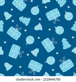 Merry Christmas seamless pattern with tree, gifts, stars and christmas balls. Vector flat illustration. 