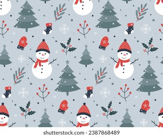 Merry christmas seamless pattern with christmas tree and snowflakes