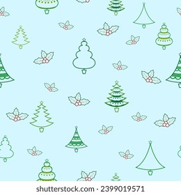 Merry Christmas seamless pattern with christmas tree and holly leaves outline abstract