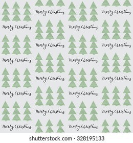 Merry Christmas seamless pattern Christmas tree hand drawn style with calligraphy lettering elements. Simple Christmas pattern for textile, wrapping paper or christmas background design