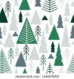 Merry Christmas. A seamless pattern with Christmas trees in the style of flat, naive.