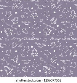 Merry Christmas seamless pattern with trees, stars and Holiday lettering. Make a wish. Winter holiday background. New Year texture. For banners, posters, cards and wrapping paper. 2023.