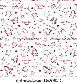 Merry Christmas seamless pattern with trees, stars and Holiday lettering. Make a wish. Winter holiday background. New Year texture. For banners, posters, cards and wrapping paper. 2021