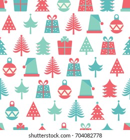 Merry Christmas. Seamless pattern with Christmas trees, gifts and toys.