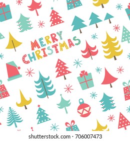 Merry Christmas. Seamless pattern with Christmas trees, gift boxes, Christmas toys.
