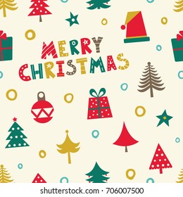 Merry Christmas. Seamless pattern with Christmas trees, gift boxes, Christmas toys.
