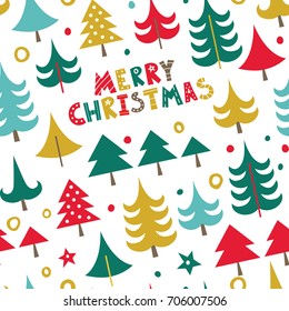 Merry Christmas. Seamless pattern with Christmas trees, gift boxes, Christmas toys.
