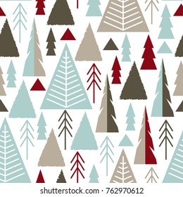Merry Christmas. A seamless pattern with Christmas trees in the style of flat, naive. Vector illustration.