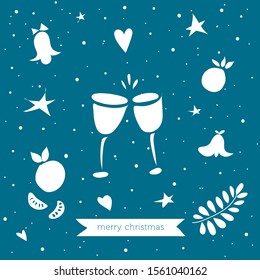 Merry Christmas seamless pattern. Two glasses of champagne clink glasses. Christmas mood with tangerines and Christmas toys.