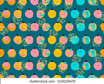 Merry Christmas seamless pattern with various toys and gold glitter shapes. Winter trendy background in vector