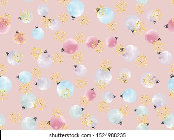Merry Christmas seamless pattern with various toys and gold glitter shapes. Winter trendy background in vector