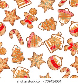 Merry Christmas seamless pattern with various gingerbreads.