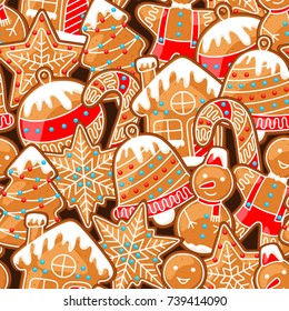 Merry Christmas seamless pattern with various gingerbreads.