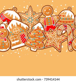 Merry Christmas seamless pattern with various gingerbreads.