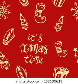 Merry Christmas, seamless pattern. Vector illustrations of snowflakes, gifts, spruce, mitten, sock. Winter holidays, texture. Festive background.