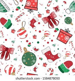 Merry Christmas seamless pattern vector illustration. Festive template with xmas decorations, candies, stockings, mittens, gift boxes endless texture on white background. Happy New Year concept
