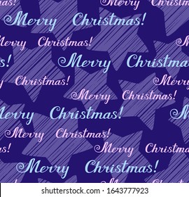 Merry Christmas, seamless pattern, vector, blue, English. Blue lettering and blue stars on a dark blue field. 