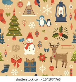 Feliz Navidad sin costura. Conjunto vectorial de elementos y juguetes. Antecedentes de Año Nuevo. Iconos, elementos e ilustraciones de la Navidad Retro Merry. Saludos de las estaciones de la tarjeta de felicitación. 
