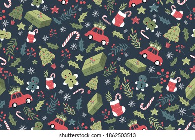 Merry Christmas seamless pattern vector. Horizontal background with Christmas socks, gifts, car, pine trees, gingerbread, forest leaves, candy canes for holiday season background, wallpaper, wrapping 