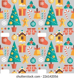 Merry Christmas seamless pattern. Vector seamless pattern, flat design. Christmas ornaments, decorations and other elements. 