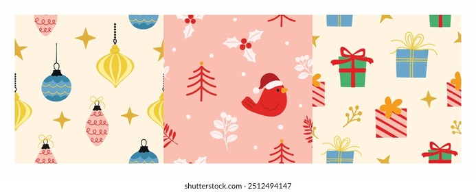 Merry christmas seamless pattern vector. Set of square cover design with bauble, gift, leaf, bird, star. Winter season illustration for fabric, wallpaper, packaging, wrapping paper, ads.