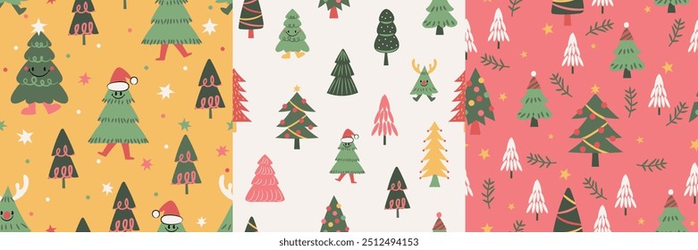 Merry christmas seamless pattern vector. Set of square cover design with pine tree, leaves, star. Winter season illustration for fabric, wallpaper, packaging, wrapping paper, ads.