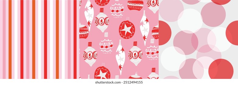 Merry christmas seamless pattern vector. Set of square cover design with bauble, ball, circle pattern. Winter season illustration for fabric, wallpaper, packaging, wrapping paper, ads.