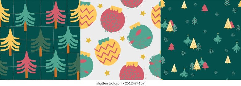 Merry christmas seamless pattern vector. Set of square cover design with bauble, ball, pine tree. Winter season illustration for fabric, wallpaper, packaging, wrapping paper, ads.