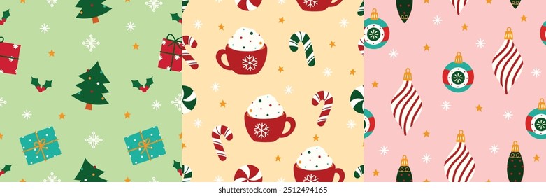 Merry christmas seamless pattern vector. Set of square cover design with pine tree, gift, candy cane, bauble. Winter season illustration for fabric, print, wallpaper, packaging, wrapping paper, ads.