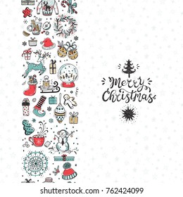 Merry Christmas seamless pattern vertical border. Xmas greeting Card Template. Happy Winter Holidays poster. New year. Vector Christmas Holiday banner