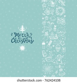 Merry Christmas seamless pattern vertical border. Xmas greeting Card Template. Happy Winter Holidays poster. New year. Vector Christmas Holiday banner