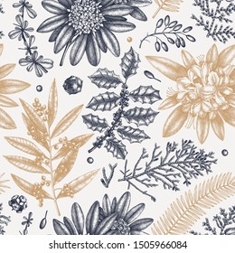 Merry Christmas seamless pattern. With vintage winter flowers, evergreen, conifers plants. Vector design with hand drawn botanical elements.  For wrapping paper, greeting cards, banners, packaging.
