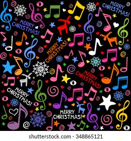 Merry Christmas. Seamless pattern wallpaper of musical notes, deer, snowflake, stars. Vector Illustration