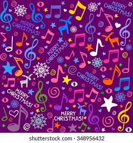 Merry Christmas. Seamless pattern wallpaper of musical notes, deer, snowflake, stars. Vector Illustration