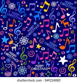 Merry Christmas. Seamless pattern wallpaper of musical notes, deer, snowflake, stars. Vector Illustration
