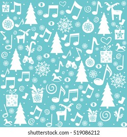 Merry Christmas. Seamless pattern wallpaper of Christmas tree, musical notes, deer, snowflake, stars and gift box. Vector Illustration