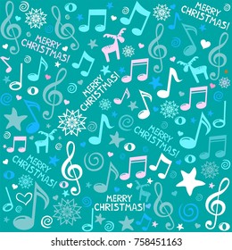 Merry Christmas. Seamless pattern wallpaper of musical notes, deer, snowflake, stars. Vector Illustration