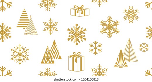 Feliz Navidad sin problemas. Impresión blanca y dorada con abetos, regalos, copos de nieve y otras decoraciones.